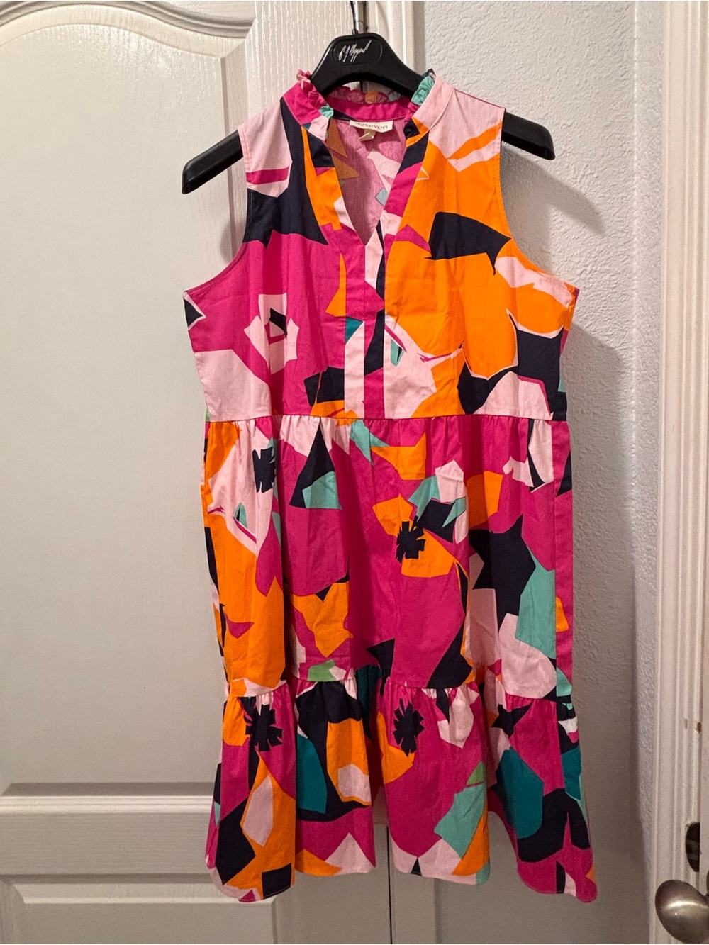 Abstract Pop Art Tiered Mini Dress | Bright Pink Orange Retro Resortcore Size PL - Picture 9 of 10